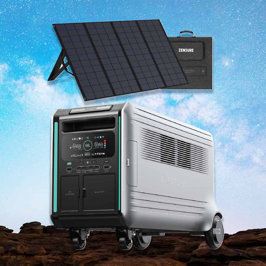 Zendure solar generator and panel set with display showing power status under a clear blue sky.