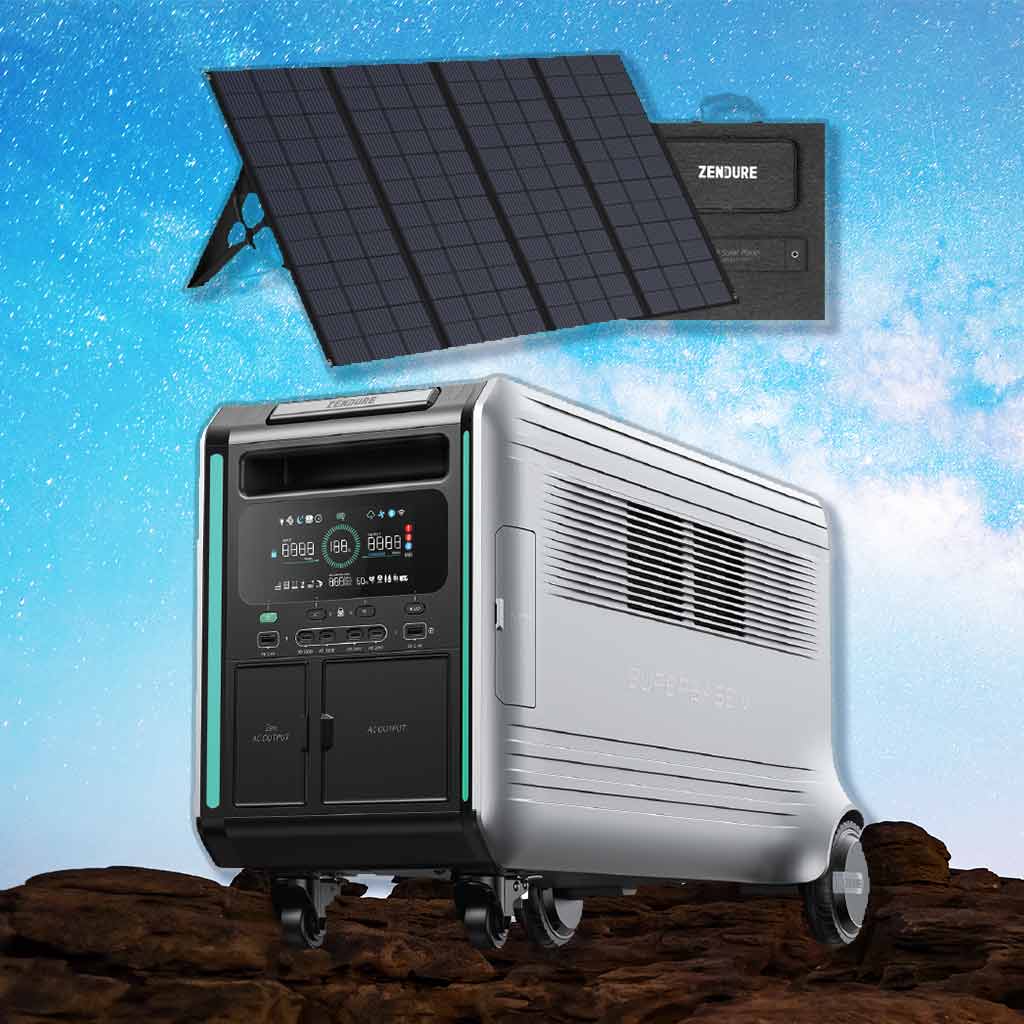 Generador portátil de energía Zendure con panel solar plegable de 400W sobre rocas y fondo de cielo azul.