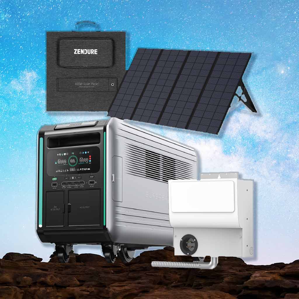 Generador portátil Zendure 4600 con panel solar plegable de 400W y transfer switch de 6 circuitos montados sobre rocas con cielo estrellado de fondo.