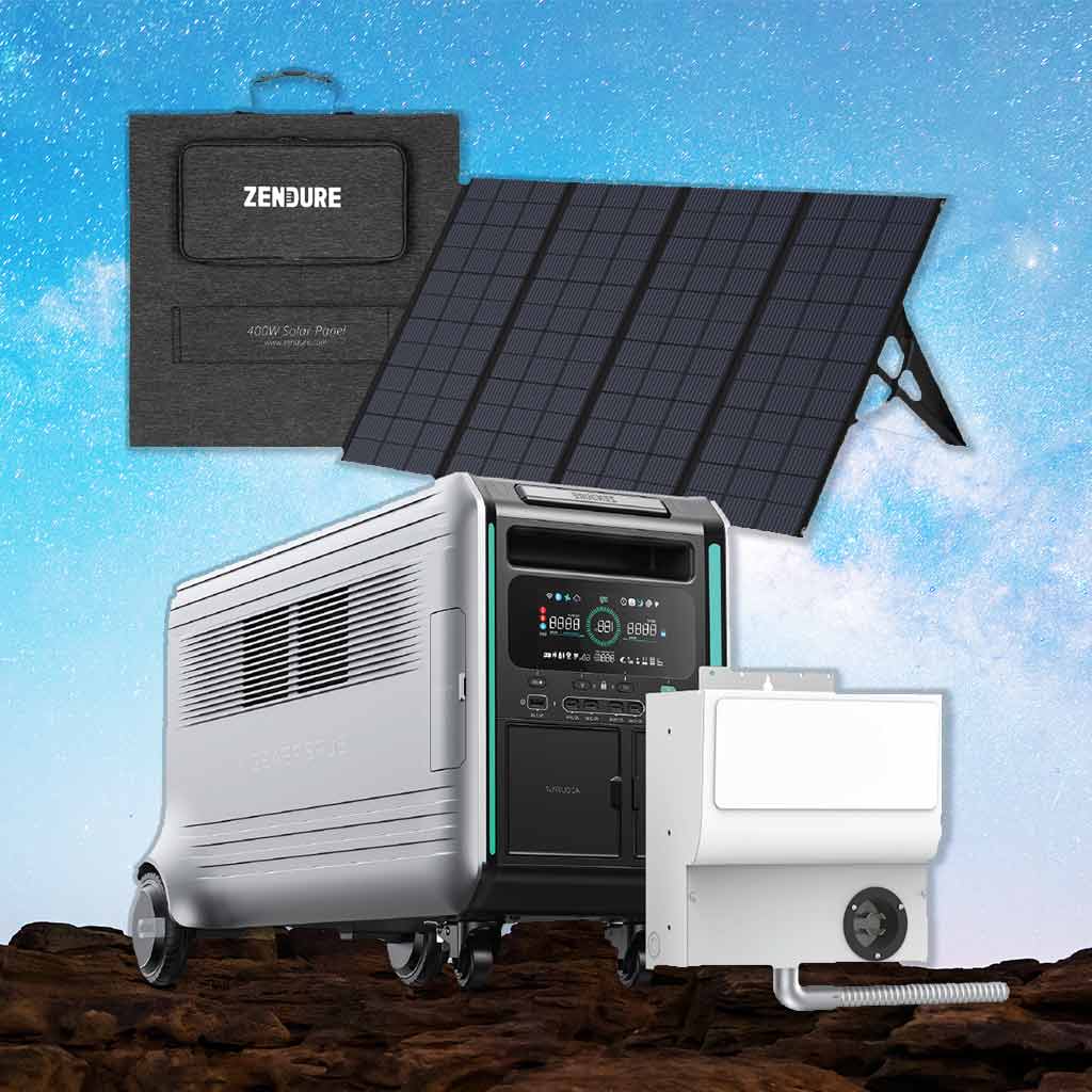 Generador portátil Zendure de 6400W con panel solar plegable de 400W y un transfer switch de 6 circuitos sobre un terreno rocoso bajo un cielo azul con estrellas.