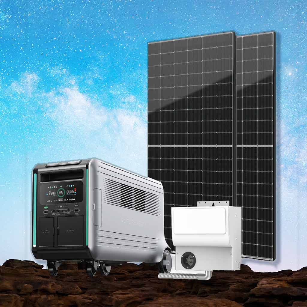 Generador portátil Zendure de 4600W junto a dos paneles solares rígidos de 415W y un transfer switch de 6 circuitos en un terreno rocoso bajo un cielo estrellado.