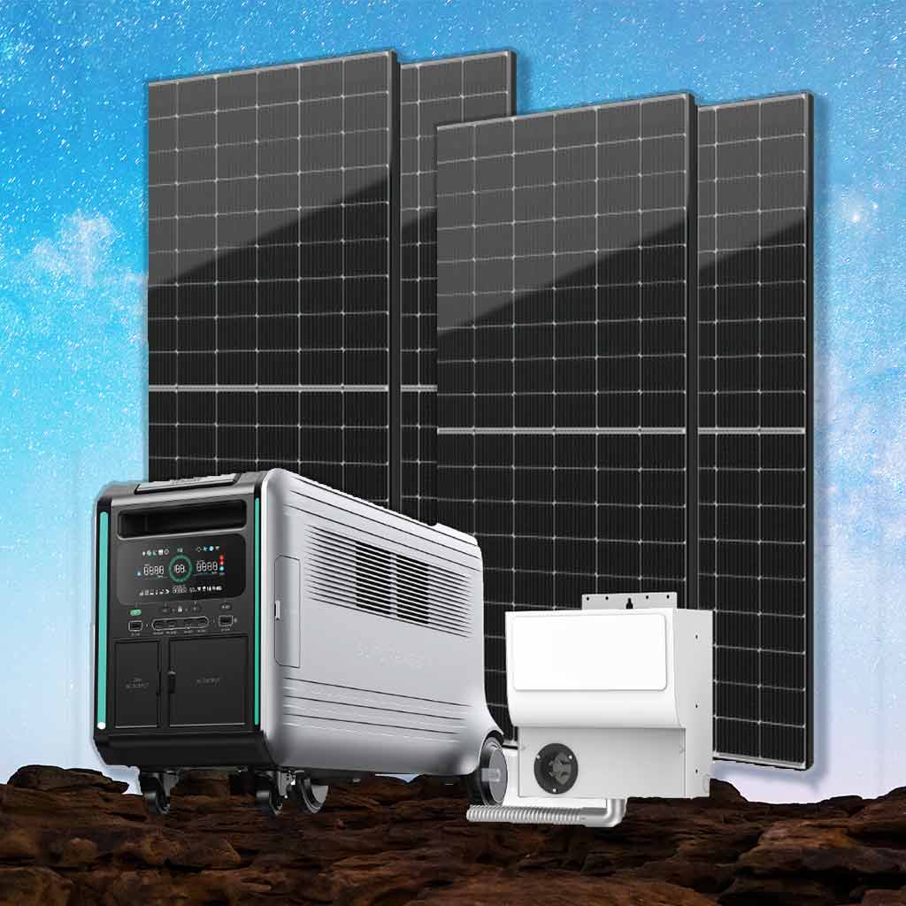 Generador portátil Zendure de 4600W junto a cuatro paneles solares rígidos de 415W y un transfer switch de 6 circuitos en un terreno rocoso bajo un cielo estrellado.