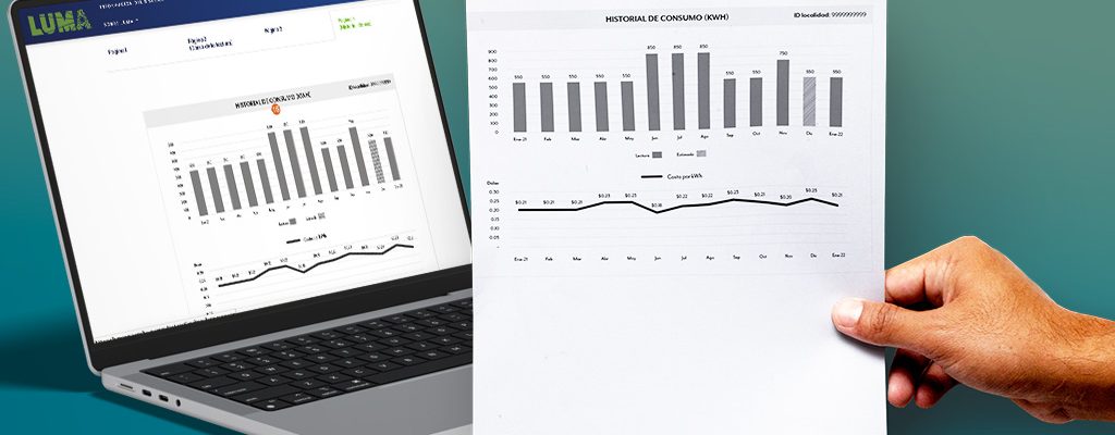 Pantalla de computadora mostrando un gráfico de barras del historial de consumo de kWh en el sitio web de LUMA y una mano sosteniendo una copia impresa del mismo gráfico.